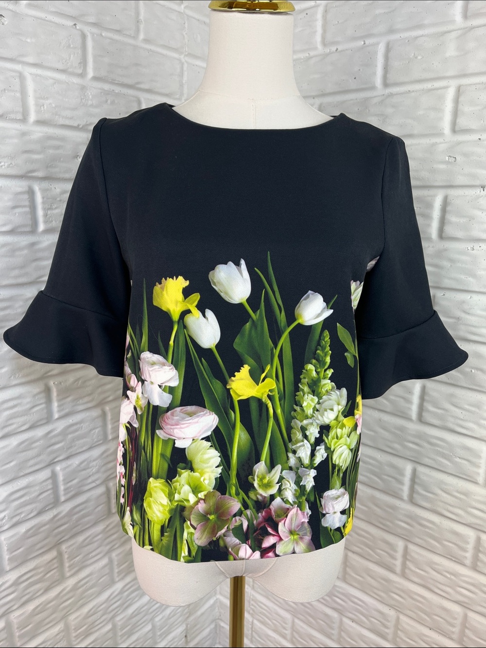 VICTORIA BECKHAM FOR TARGET FLOWER PHOTO PRINT BLOUSE RUFFLE SLEEVE SZ XS